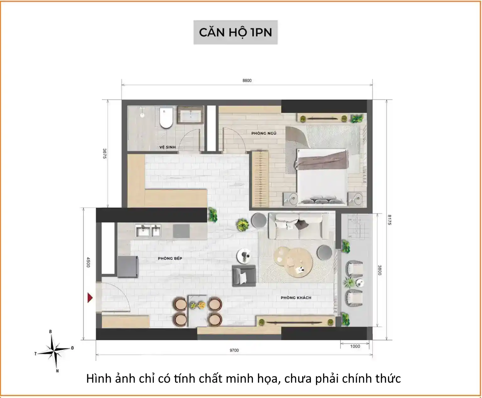 Mặt bằng thiết kế căn 1 ngủ dự án căn hộ chung cư The 7 Stars