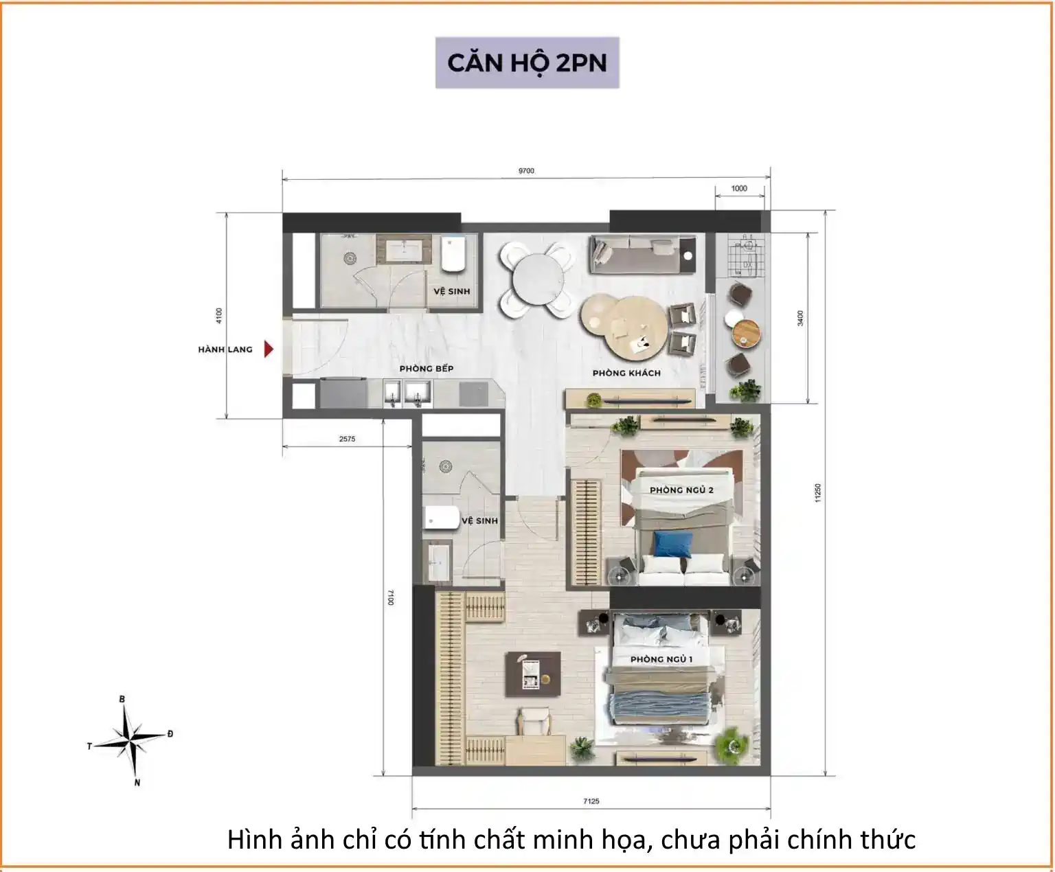 Mặt bằng thiết kế căn 2 ngủ dự án căn hộ chung cư The 7 Stars