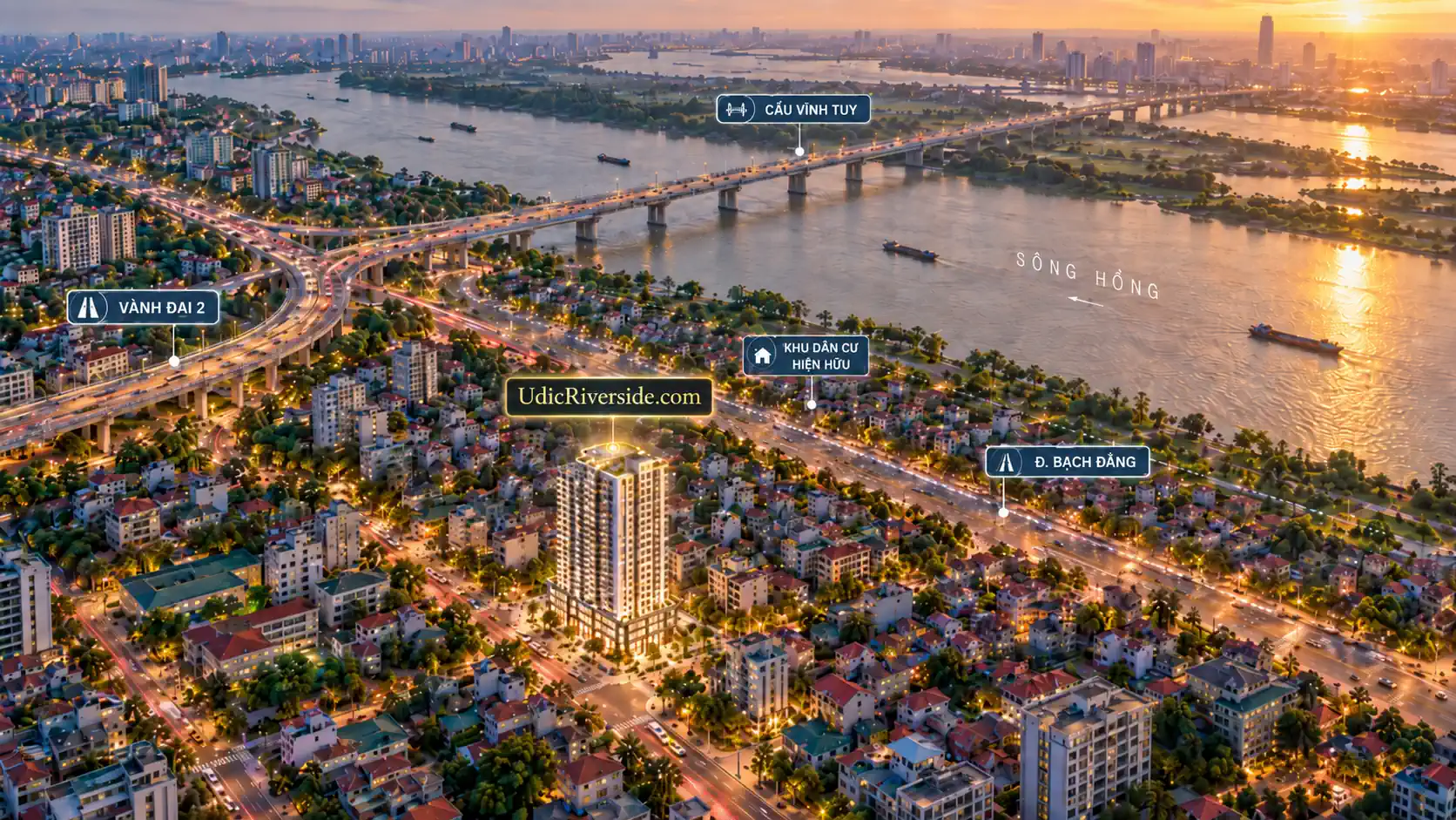 Toàn cảnh UDIC Riverside bên sông Hồng, minh họa bối cảnh giao thông khu Vĩnh Tuy